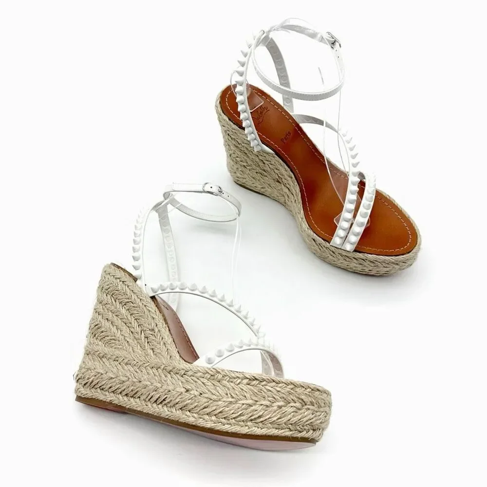 CHRISTIAN LOUBOUTIN Mafaldina Wedge Heels 39 US 8.5 Spiked Sandals White Leather